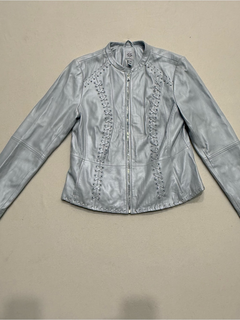 Isaac Mizrahi Live Silver Metallic Genuine Leather Lace Up Whipstitch Jacket 8